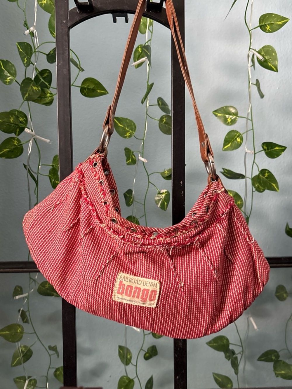 BONGO Red Striped Hobo Shoulder Bag with Brown Leather Straps
